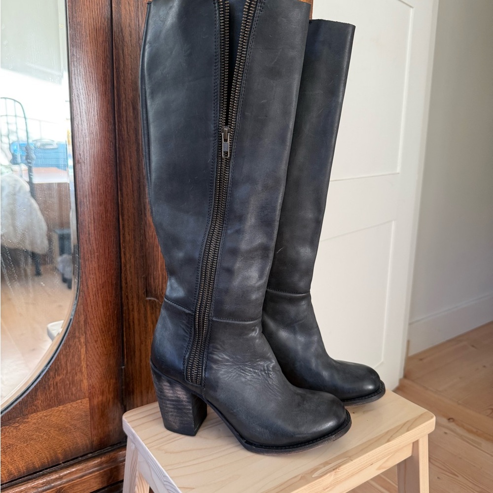 Freebird by Steven Black Leather Knee Boots with Stacked Heel - Picture 3 of 6